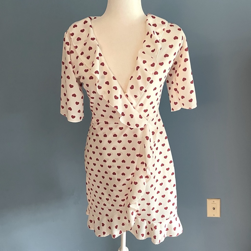 PrettyLittleThing Heart Print Faux Wrap Ruffled Dress